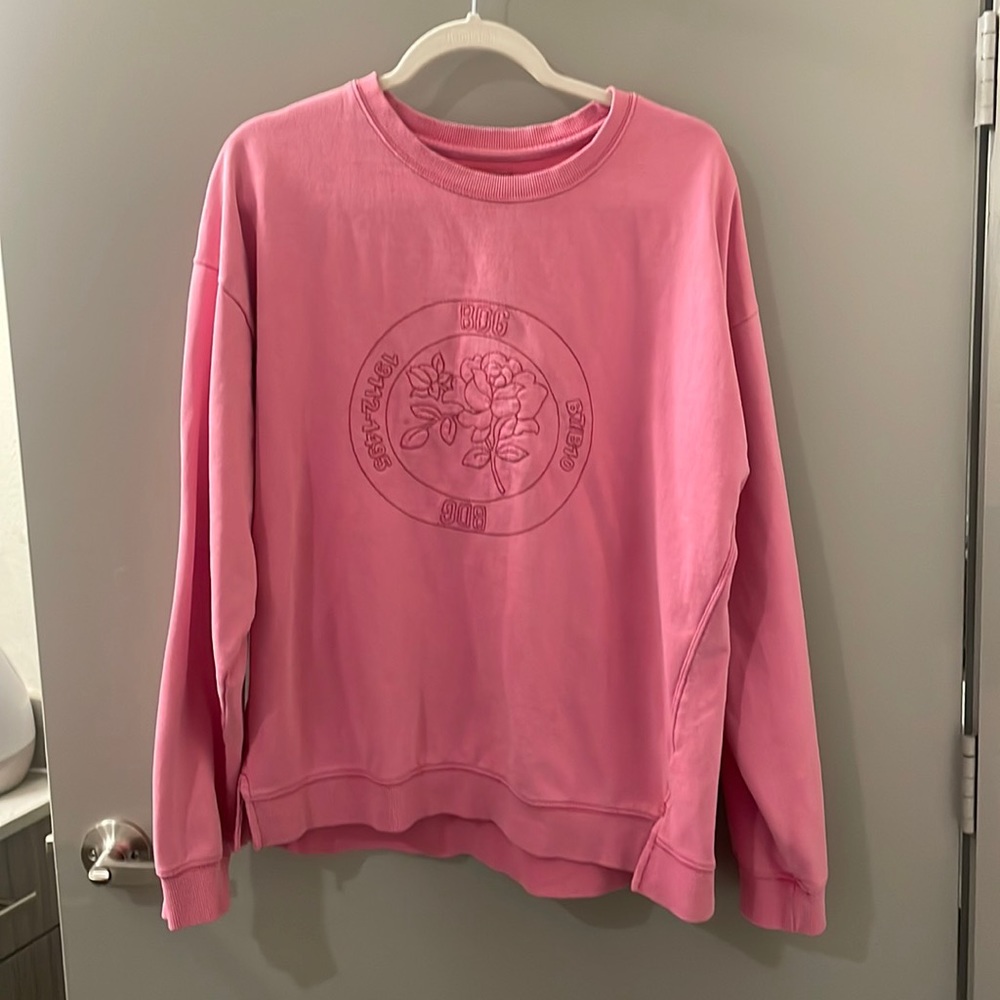 BDG Embroidered Crew Neck Sweatshirt. Pink and oversized. Super comfortable.